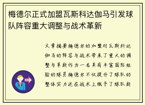 梅德尔正式加盟瓦斯科达伽马引发球队阵容重大调整与战术革新